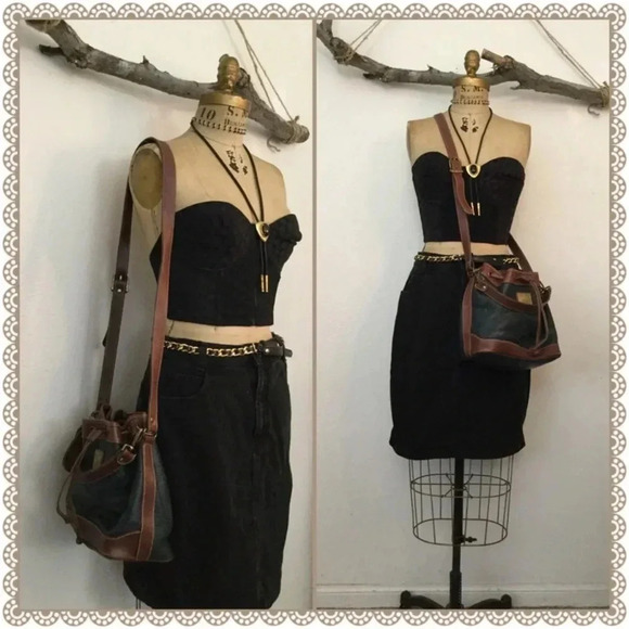 Vintage 90s Hunter Green Pebbled Genuine Leather Boho Chic Bucket Drawstring Bag - Picture 3 of 8